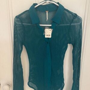 Free People Fun Mess Button Down Collared Shirt, Green/Blue color